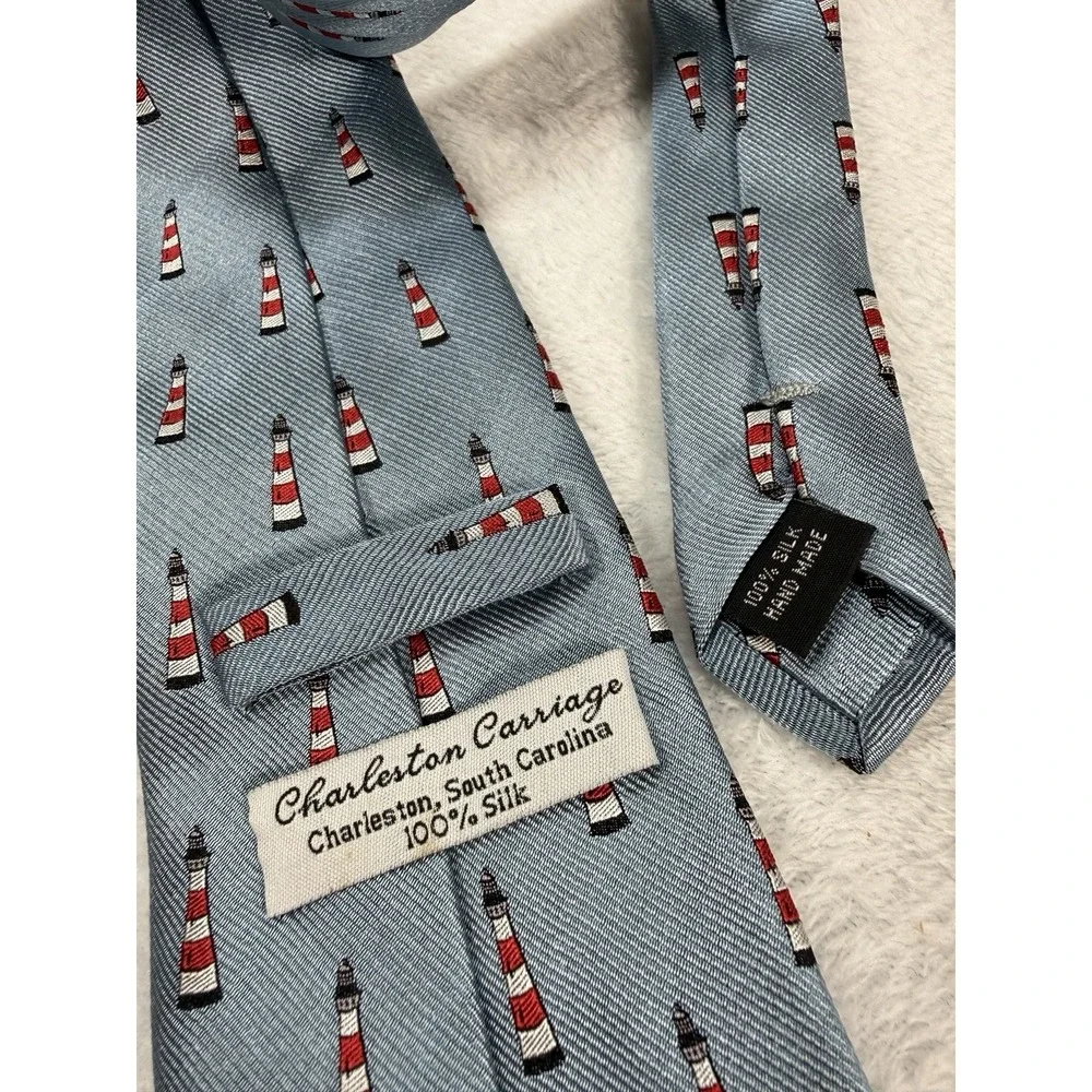 Charleston Carriage Hilton Head Island Lighthouse Silk Tie‎ Handmade Blu Coastal